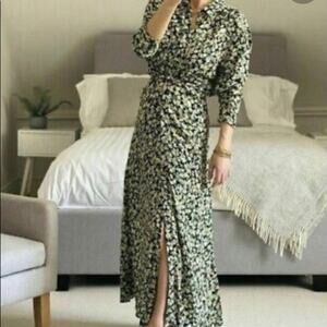 Zara NWT Green Floral Viscose Midi Dress Size XS Cottagecore